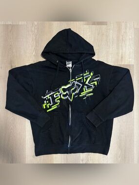 Y2K Fox Black Hoodie with Neon Green Graphic Zip Front